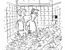 A cartoon of two people buried waist-deep in letters pouring out of a mailbox